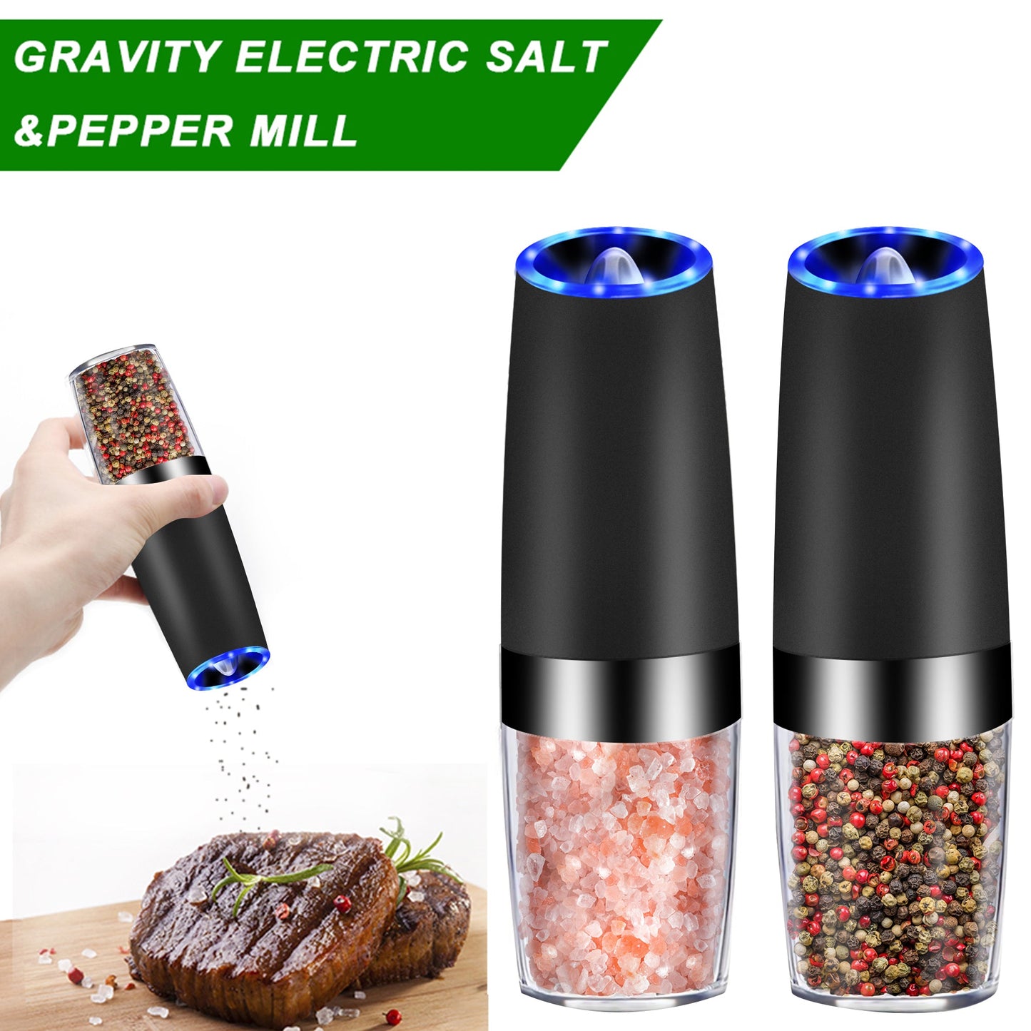 Gravity Sensor Automatic Pepper Grinder – One-Hand Electric Salt & Pepper Mill with LED Light