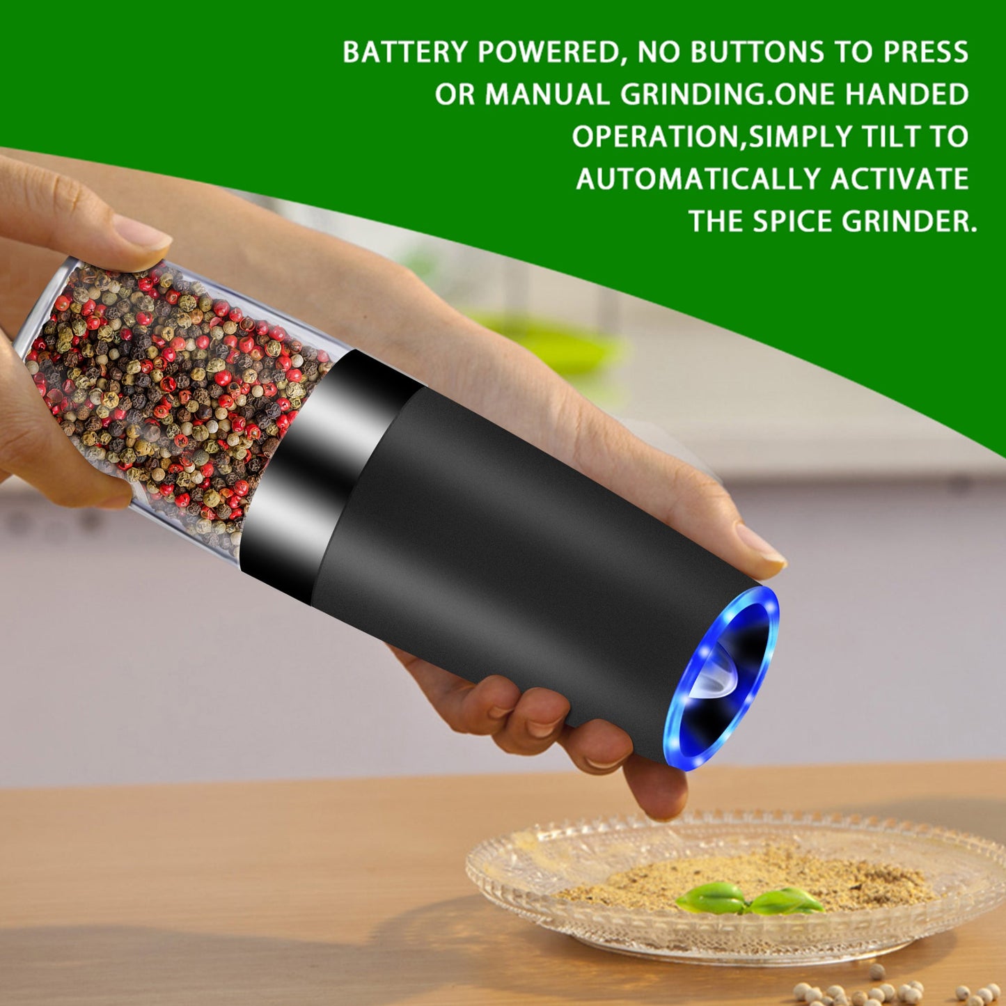 Gravity Sensor Automatic Pepper Grinder – One-Hand Electric Salt & Pepper Mill with LED Light