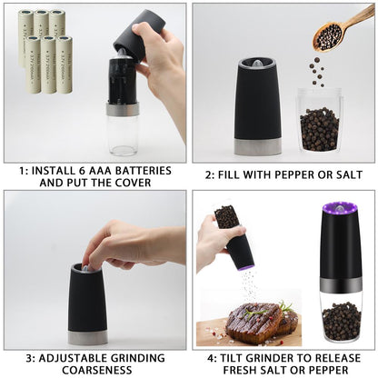 Gravity Sensor Automatic Pepper Grinder – One-Hand Electric Salt & Pepper Mill with LED Light